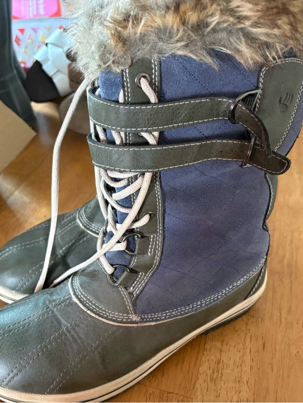 Bearpaw Faux Fur Trim Blue Suede & Olive Winter Boots